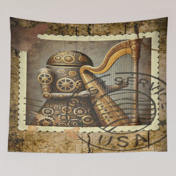 Item preview, Steampunk Android Playing a Harp Vintage Postage Art designed and sold by DreamsArtwear.
