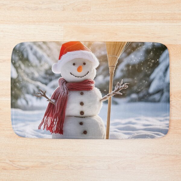 Item preview, A jolly snowman in a Santa hat waves, holding a broom in a snowy forest designed and sold by homydesign.