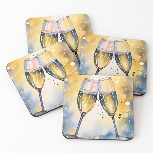 Item preview, Two Sparkling wine flutes clink in a toast, bubbles rising, against a vibrant watercolor background designed and sold by homydesign.