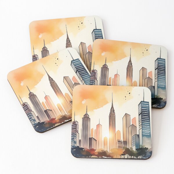 Item preview, A watercolor cityscape reflects in the water at sunset designed and sold by homydesign.