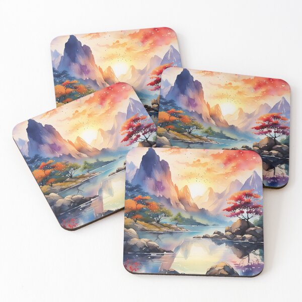 Item preview, A vibrant digital landscape with mountains, a lake, and a sunset designed and sold by homydesign.