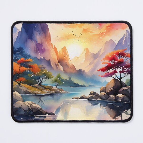 Item preview, A vibrant digital landscape with mountains, a lake, and a sunset designed and sold by homydesign.