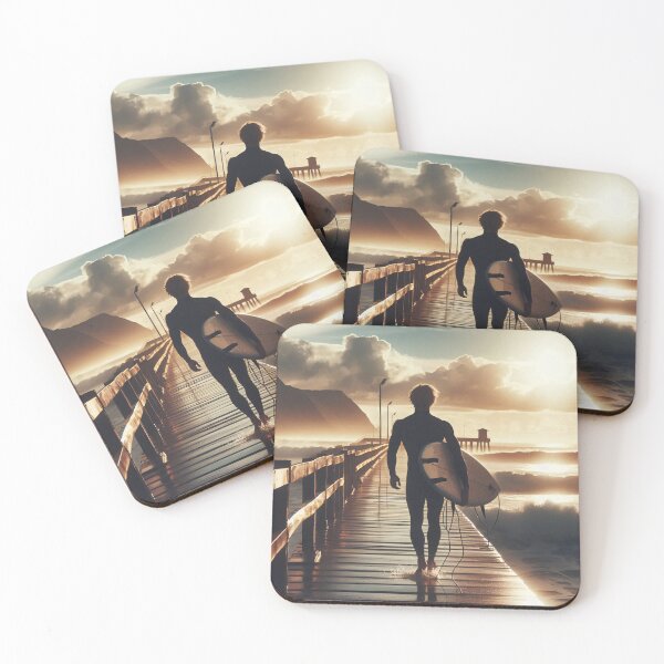 Item preview, Silhouette of a surfer walking on a pier at sunset, carrying a surfboard against a backdrop of dramatic clouds and mountains designed and sold by homydesign.