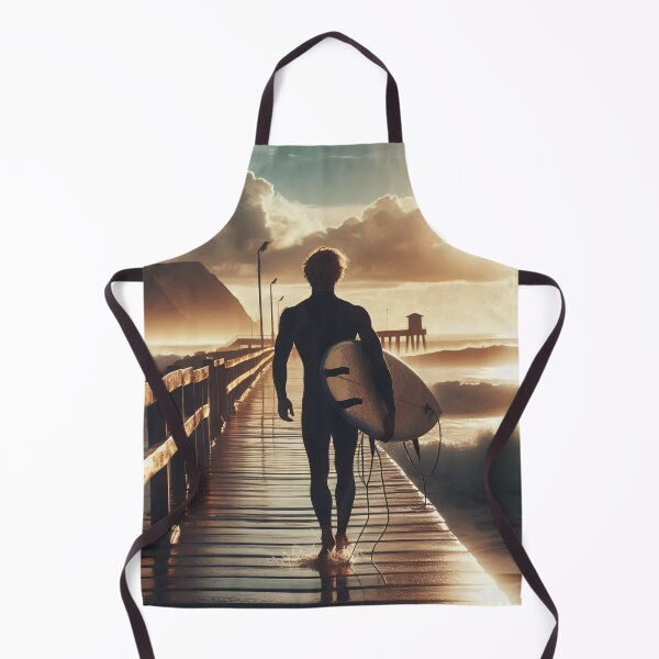 Item preview, Silhouette of a surfer walking on a pier at sunset, carrying a surfboard against a backdrop of dramatic clouds and mountains designed and sold by homydesign.