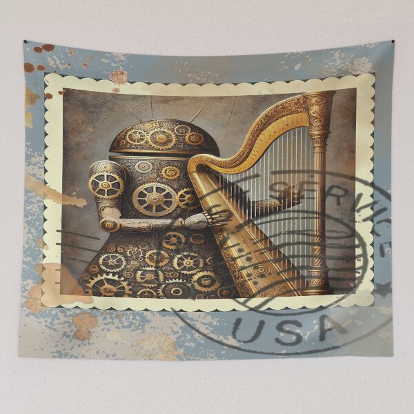 Item preview, Steampunk Android Playing Harp Vintage Postage Design designed and sold by DreamsArtwear.