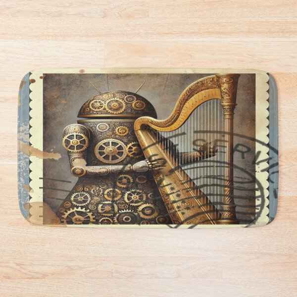 Item preview, Steampunk Android Playing Harp Vintage Postage Design designed and sold by DreamsArtwear.