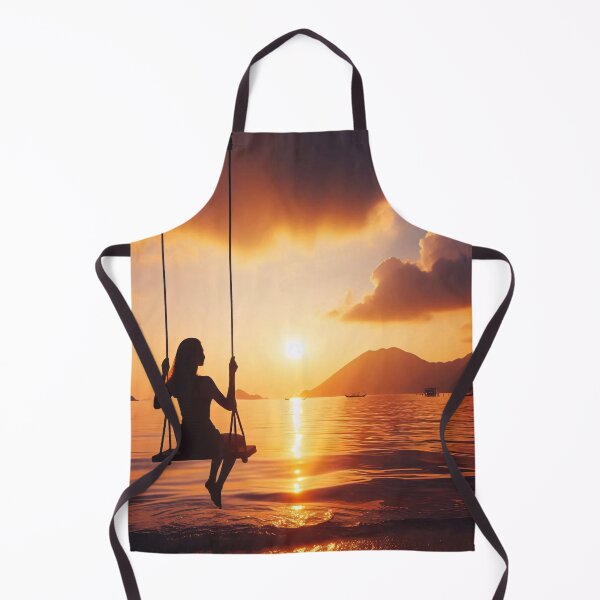 Item preview, A woman on a swing silhouetted against a stunning sunset over calm waters, with distant mountains and boats enhancing the serene, picturesque scene designed and sold by homydesign.