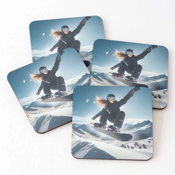 Item preview, Dynamic snowboarder mid-air against snowy mountain backdrop, blonde hair flowing, arm outstretched in exhilarating jump over pristine slopes designed and sold by homydesign.
