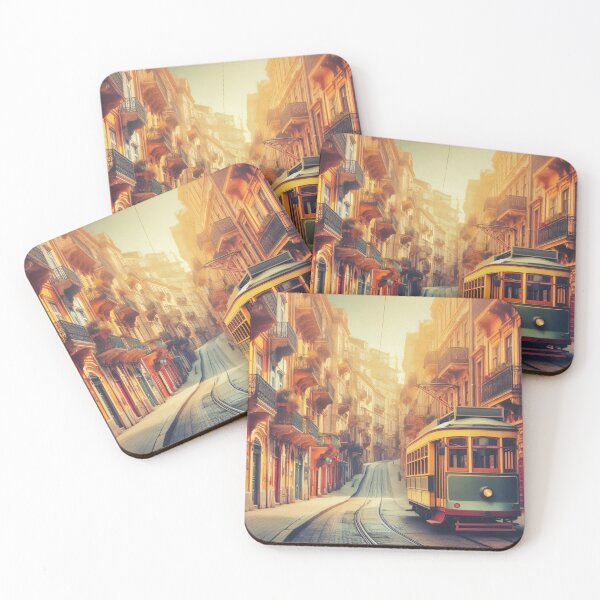 Item preview, Vibrant street scene with a classic tram under golden sunlight designed and sold by homydesign.