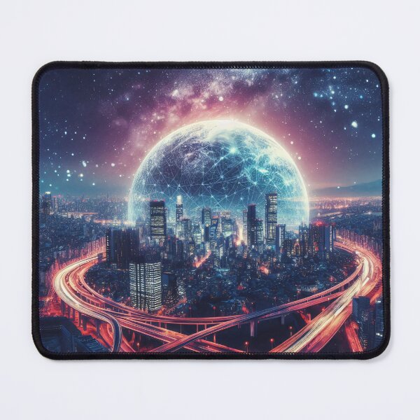 Item preview, A futuristic cityscape with an oversized Earth looming in a star-filled sky designed and sold by homydesign.