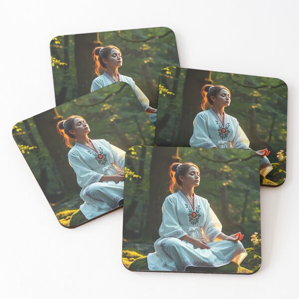 Item preview, A woman in traditional attire meditates on a moss-covered rock in a serene forest, bathed in soft sunlight designed and sold by homydesign.