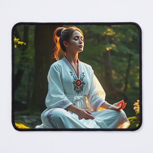 Item preview, A woman in traditional attire meditates on a moss-covered rock in a serene forest, bathed in soft sunlight designed and sold by homydesign.