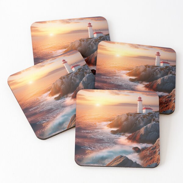 Item preview, A lighthouse stands majestically on rocky cliffs by the ocean at sunset designed and sold by homydesign.