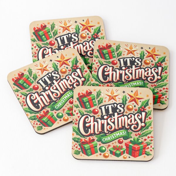 Item preview, The word "CHRISTMAS" is spelled out in festive lettering with gifts, candy canes, holly, and stars on a beige background designed and sold by homydesign.