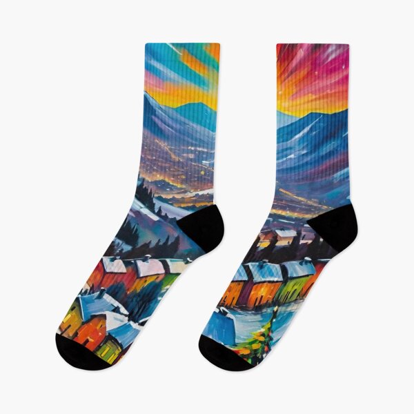 Item preview, Snowy Norwegian City Beneath Northern Lights Glow designed and sold by GrizzlyCollective.