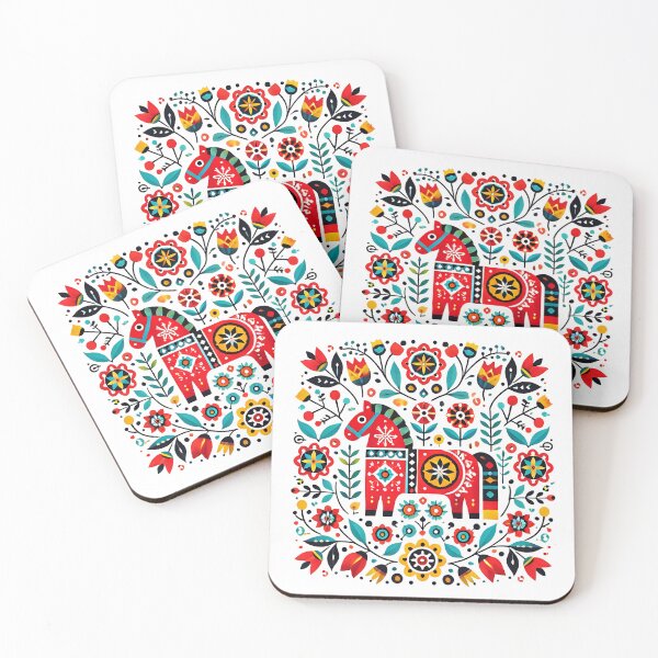 Item preview, Folk Art Dala Horse Design - Vibrant Scandinavian Floral Illustration designed and sold by HappyTumDesigns.