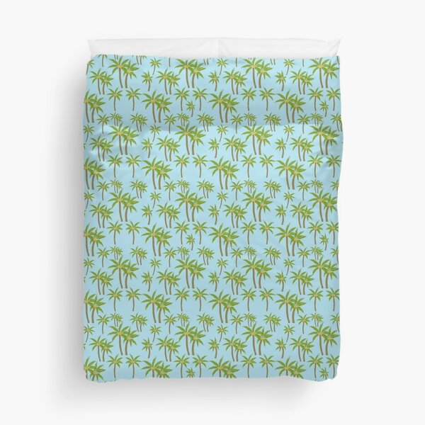 Vista previa del artículo con la obra «Palmeras de coco verdes tropicales por todas partes sobre fondo azul agua», diseñado y vendido por PrettywithColor.
