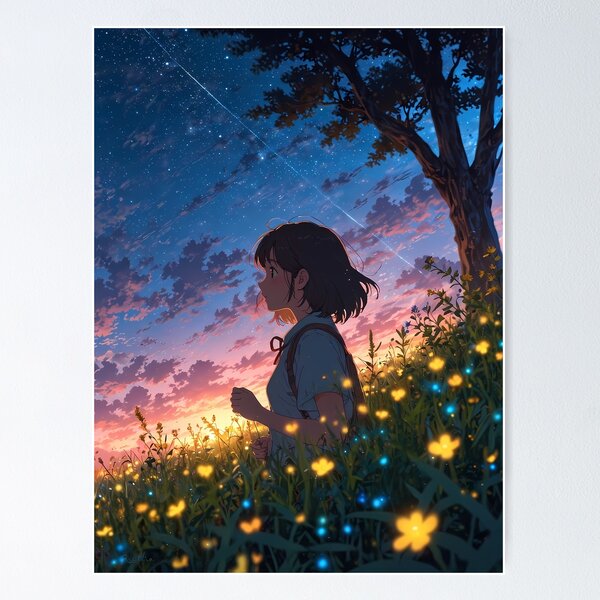 Item preview, Sunset Flower Field - A Dreamy Retro Anime Artwork designed and sold by LoFizzy.