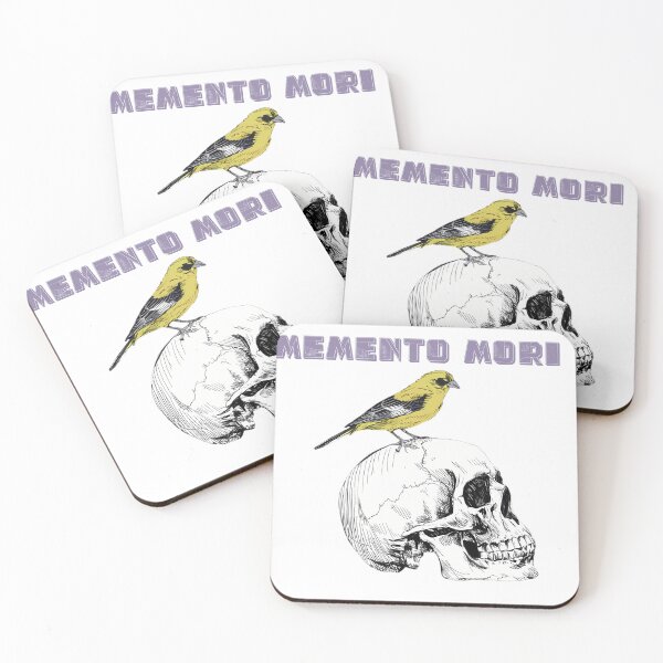 Item preview, Yellow bird perched on a human skull illustration with "Memento Mori" designed and sold by vartisvit.