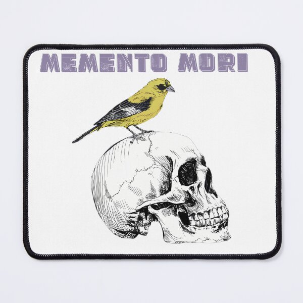Item preview, Yellow bird perched on a human skull illustration with "Memento Mori" designed and sold by vartisvit.