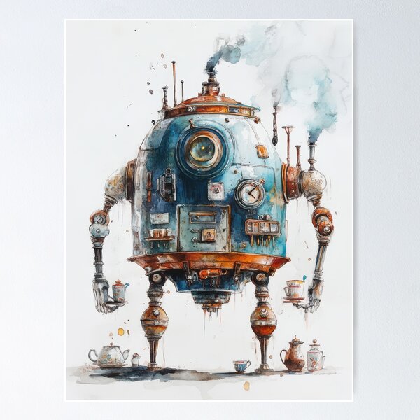 Item preview, Steampunk Tea-Brewing Robot - Whimsical Sci-Fi Watercolor designed and sold by FlyingDreamsArt.