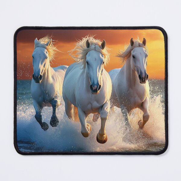Item preview, White horses galloping in sea at sunset - Animal photo designed and sold by TheArtistOf2022.