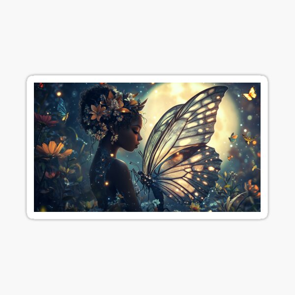 Aperçu de l'œuvre Décoration murale représentant une fée afro-américaine au clair de lune avec des ailes de papillon – Décoration fantastique fantaisiste créée et vendue par msrmiami1.