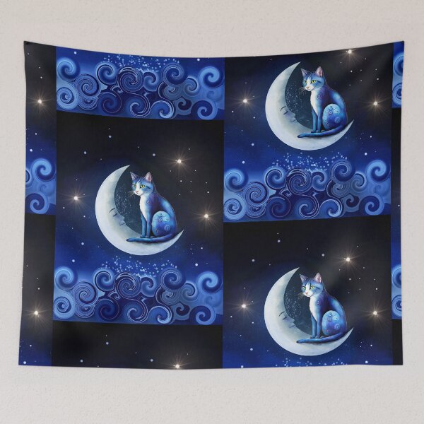 Item preview, Blue Cat on Crescent Moon Cat 773  designed and sold by artbylucie.