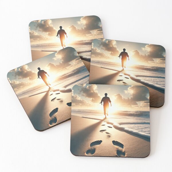 Item preview, A man walks along a beach at sunset, leaving footprints in the sand as waves gently wash ashore designed and sold by homydesign.