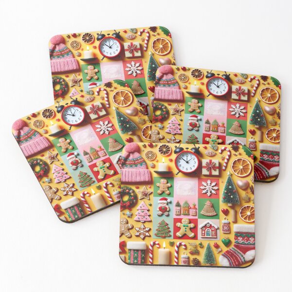 Item preview, A festive collage of Christmas decorations, treats, and ornaments on a bright yellow background designed and sold by homydesign.