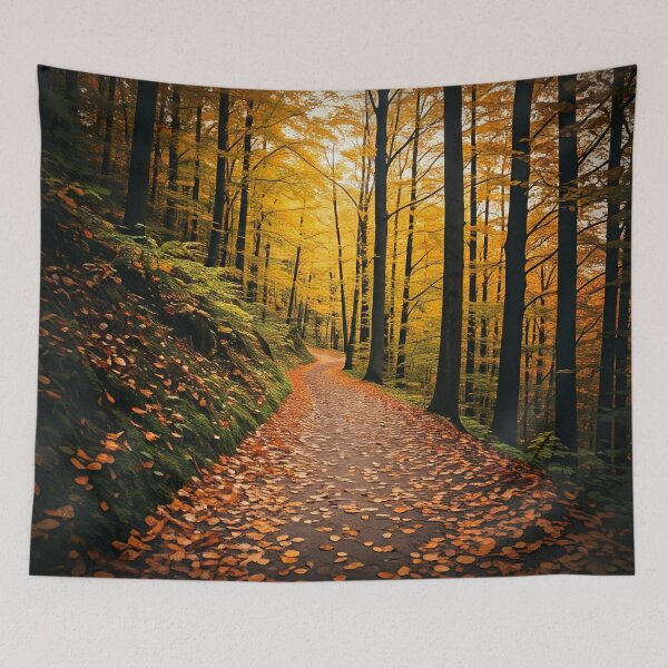 Item preview, A winding path leads through a vibrant autumn forest bathed in golden light designed and sold by homydesign.