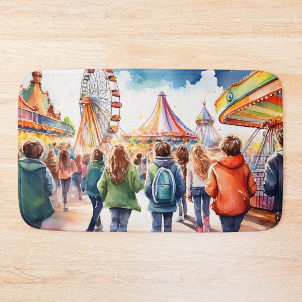Item preview, A group of children walk towards a vibrant amusement park with a Ferris wheel and colorful tents, bathed in warm sunlight and surrounded by festive decorations designed and sold by homydesign.