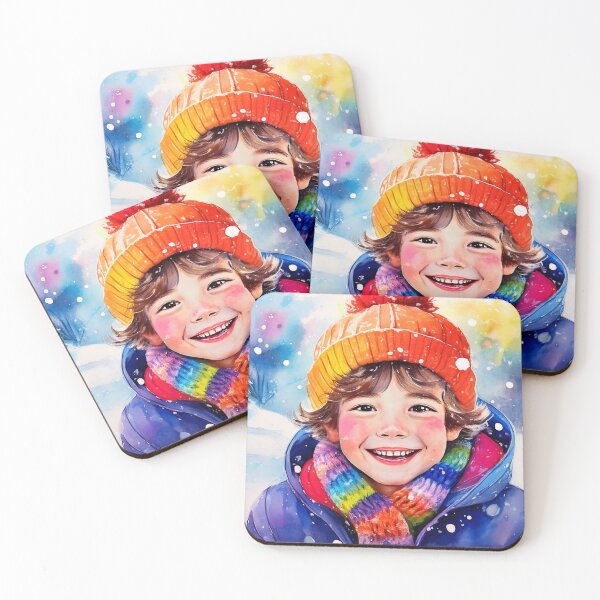 Item preview, A child in a colorful knit hat with a pom-pom and jacket enjoys the snowy outdoors, with a vibrant winter backdrop designed and sold by homydesign.