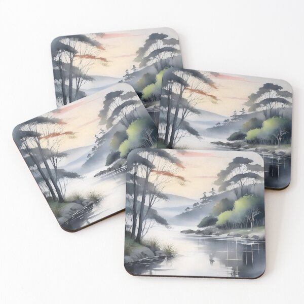 Item preview, A serene watercolor painting of a misty river winding through a tranquil forest landscape designed and sold by homydesign.