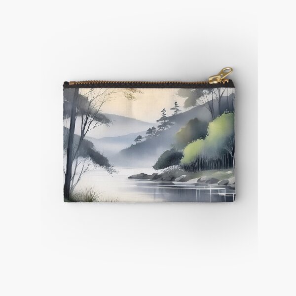 Item preview, A serene watercolor painting of a misty river winding through a tranquil forest landscape designed and sold by homydesign.