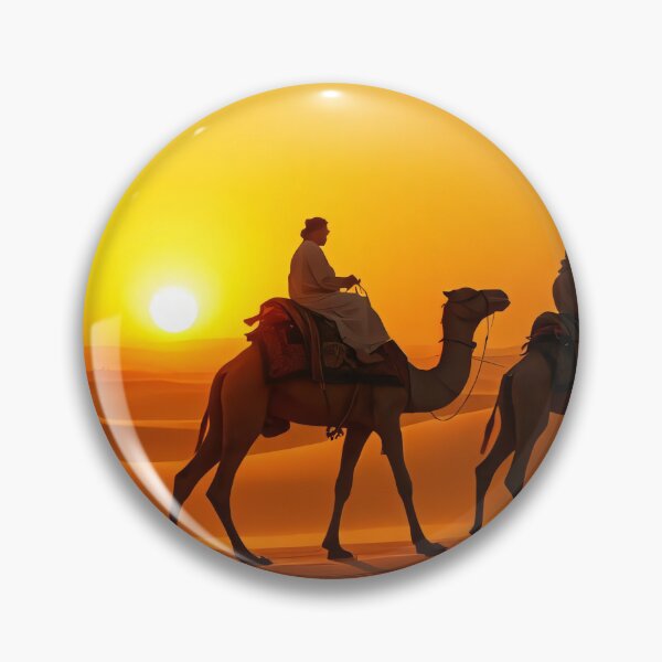 Item preview, Two people riding camels traverse the golden dunes of a desert at sunset, casting long shadows on the sand designed and sold by homydesign.