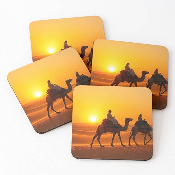 Item preview, Two people riding camels traverse the golden dunes of a desert at sunset, casting long shadows on the sand designed and sold by homydesign.