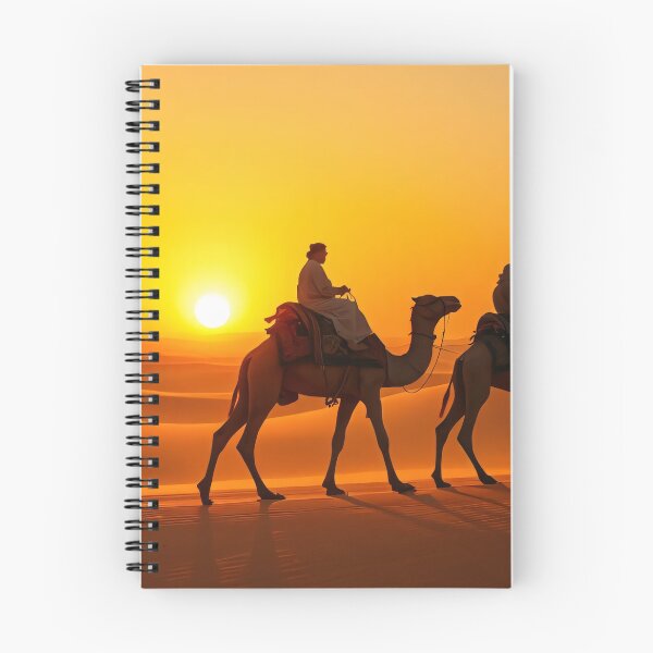 Item preview, Two people riding camels traverse the golden dunes of a desert at sunset, casting long shadows on the sand designed and sold by homydesign.