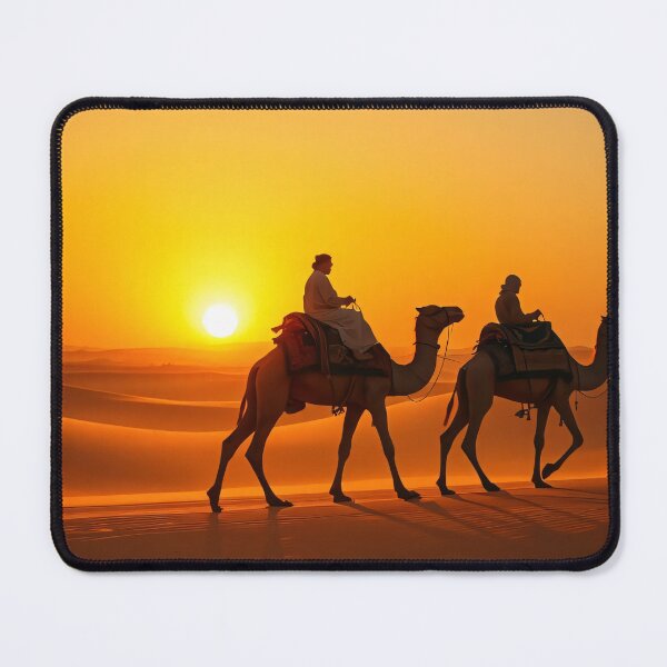 Item preview, Two people riding camels traverse the golden dunes of a desert at sunset, casting long shadows on the sand designed and sold by homydesign.