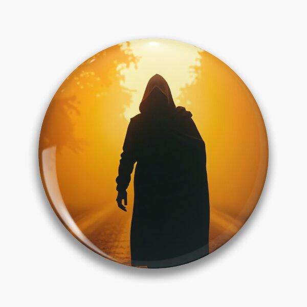 Item preview, A hooded figure walks down a road at sunset, surrounded by trees, with a dramatic golden light illuminating the scene designed and sold by homydesign.