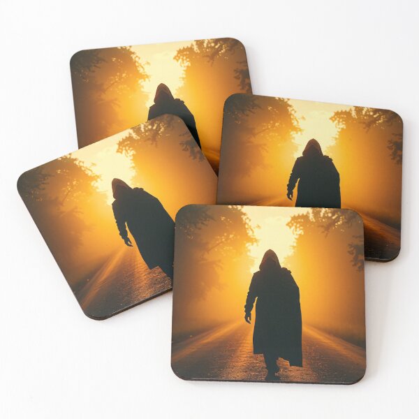 Item preview, A hooded figure walks down a road at sunset, surrounded by trees, with a dramatic golden light illuminating the scene designed and sold by homydesign.