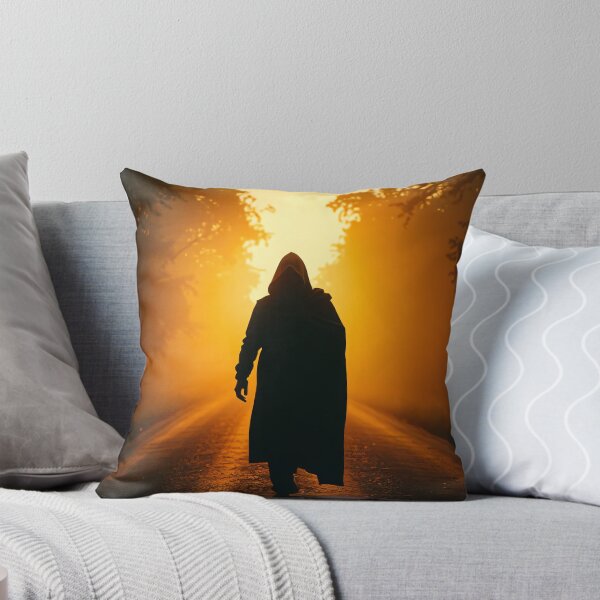 Item preview, A hooded figure walks down a road at sunset, surrounded by trees, with a dramatic golden light illuminating the scene designed and sold by homydesign.
