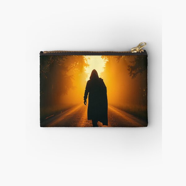 Item preview, A hooded figure walks down a road at sunset, surrounded by trees, with a dramatic golden light illuminating the scene designed and sold by homydesign.