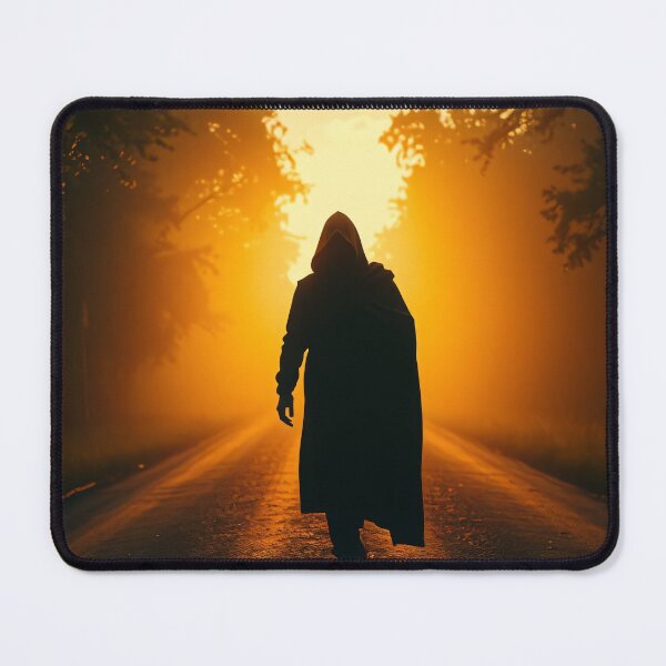 Item preview, A hooded figure walks down a road at sunset, surrounded by trees, with a dramatic golden light illuminating the scene designed and sold by homydesign.