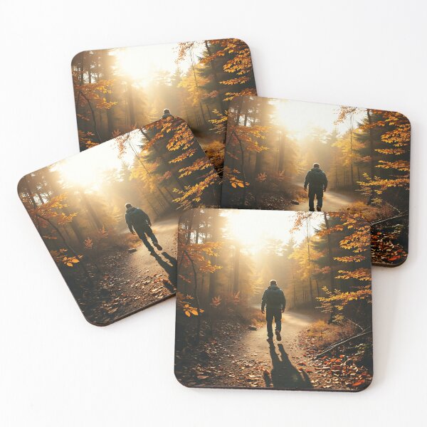 Item preview, A lone hiker walks along a winding path through a forest of vibrant autumn foliage, with golden and orange leaves illuminated by the sunlight designed and sold by homydesign.