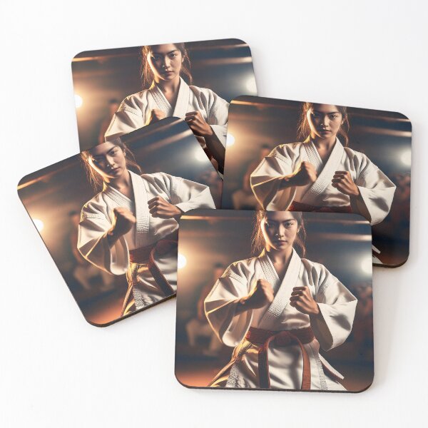 Item preview, A martial artist in a white gi with a brown belt stands in a ready stance, fists clenched, under dramatic lighting in a dojo designed and sold by homydesign.