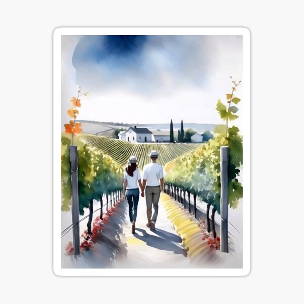 Item preview, A couple walks hand-in-hand through a vineyard, surrounded by lush grapevines and a scenic landscape under a vibrant sky designed and sold by homydesign.