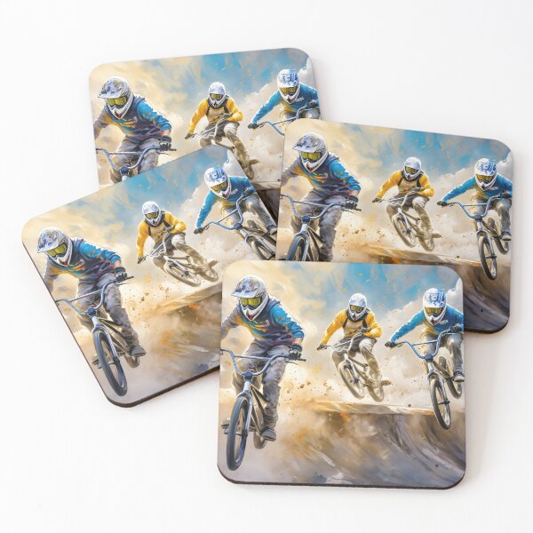 Item preview, BMX riders in action, soaring off a dirt ramp under a cloudy sky, showcasing skill and speed. Generative Ai. designed and sold by homydesign.