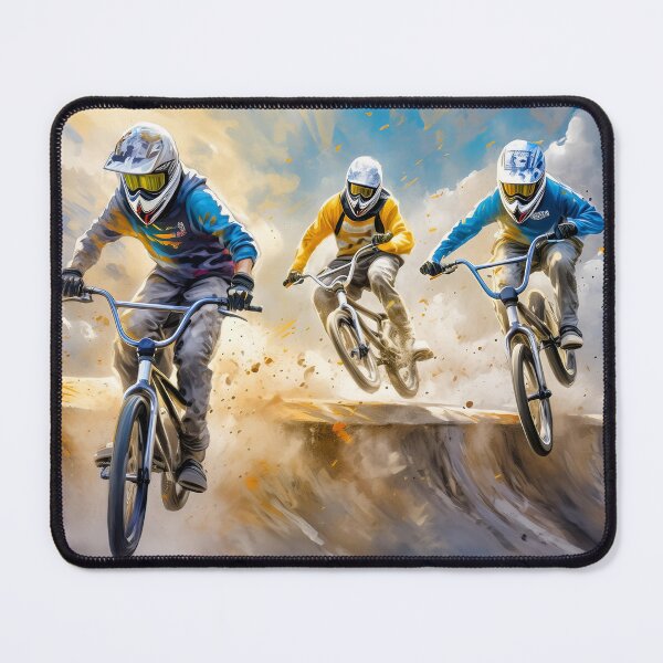 Item preview, BMX riders in action, soaring off a dirt ramp under a cloudy sky, showcasing skill and speed. Generative Ai. designed and sold by homydesign.