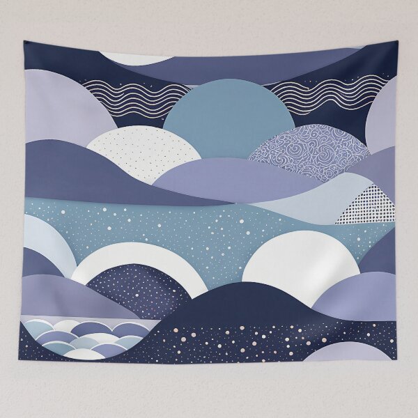 Item preview, Abstract Blue and White Landscape with Circles and Waves designed and sold by Pixevol.